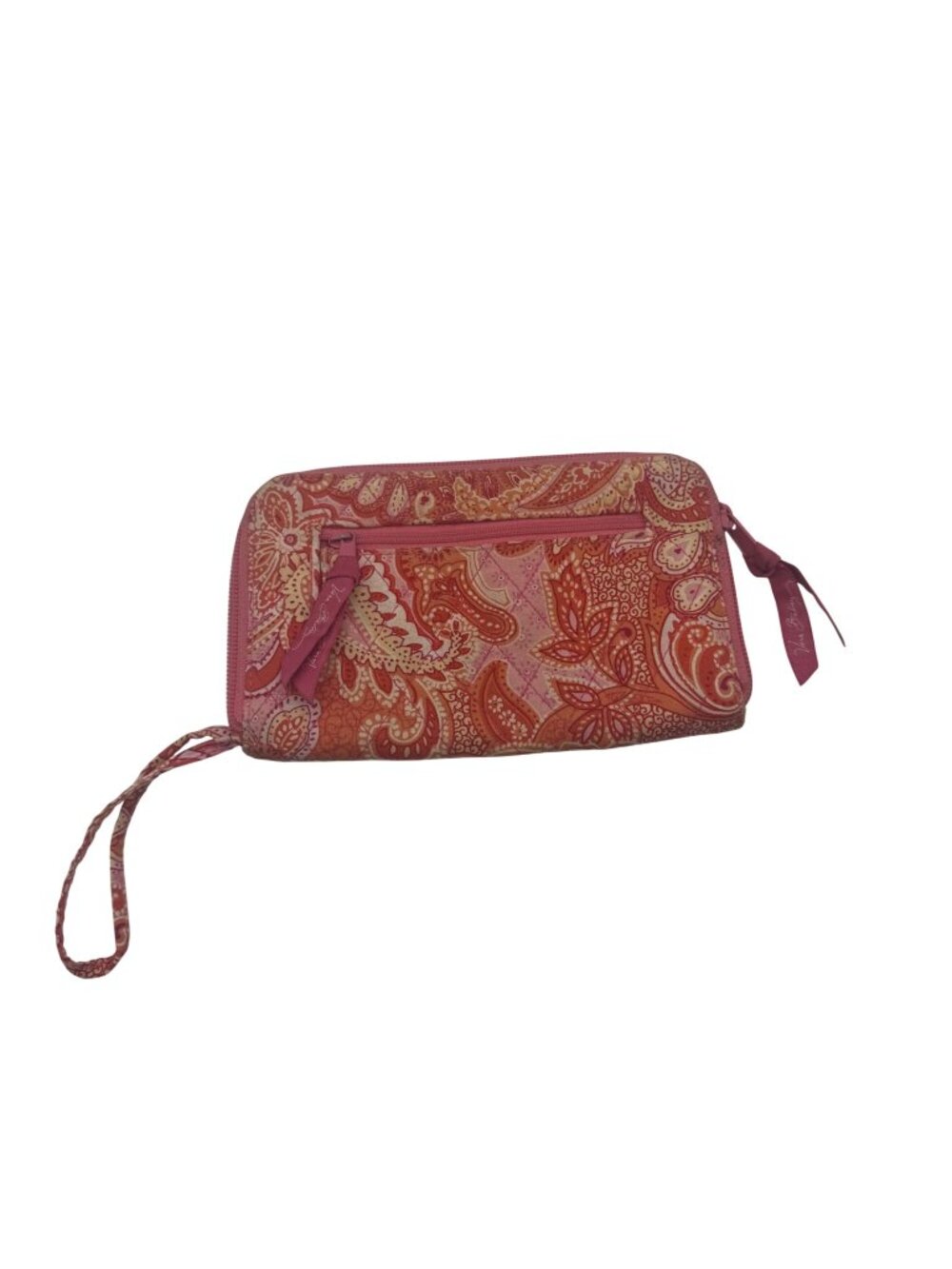 Vera Bradley Travel Wallet Zip Paisley Pink Orange Quilted Fabric Wrist Strap